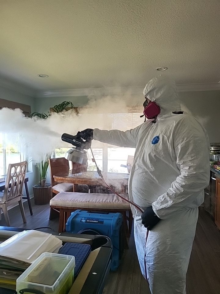 Technician in full PPE thermal fogging living room with air scrubber running
